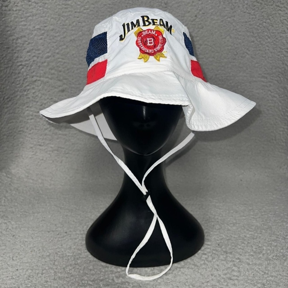 Jim Beam Whiskey Boonie Hat Sun Cap White‎ Red Blue Embroider Logo Vented Bucket